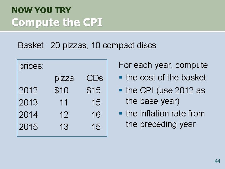 NOW YOU TRY Compute the CPI Basket: 20 pizzas, 10 compact discs For each