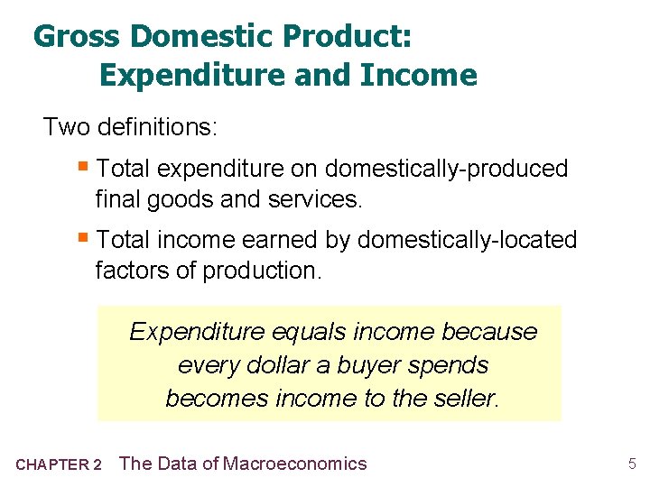 Gross Domestic Product: Expenditure and Income Two definitions: § Total expenditure on domestically-produced final
