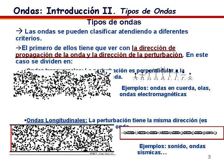 Ondas: Introducción II. Tipos de Ondas Tipos de ondas à Las ondas se pueden