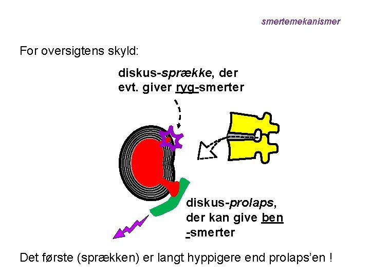 smertemekanismer For oversigtens skyld: diskus-sprække, der evt. giver ryg-smerter diskus-prolaps, der kan give ben