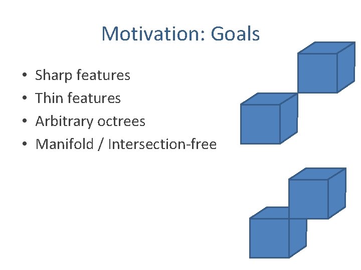 Motivation: Goals • • Sharp features Thin features Arbitrary octrees Manifold / Intersection-free 