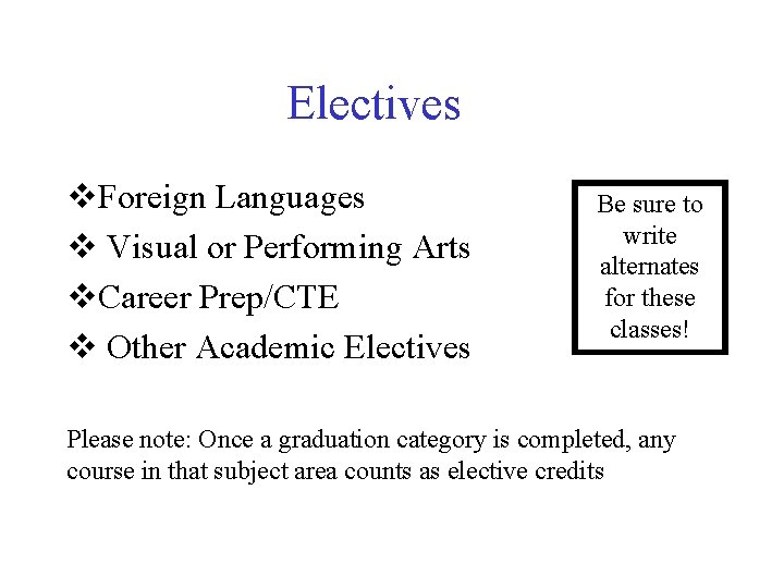 Electives v. Foreign Languages v Visual or Performing Arts v. Career Prep/CTE v Other