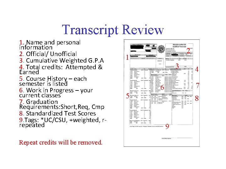 Transcript Review 1. Name and personal information 2. Official/ Unofficial 3. Cumulative Weighted G.