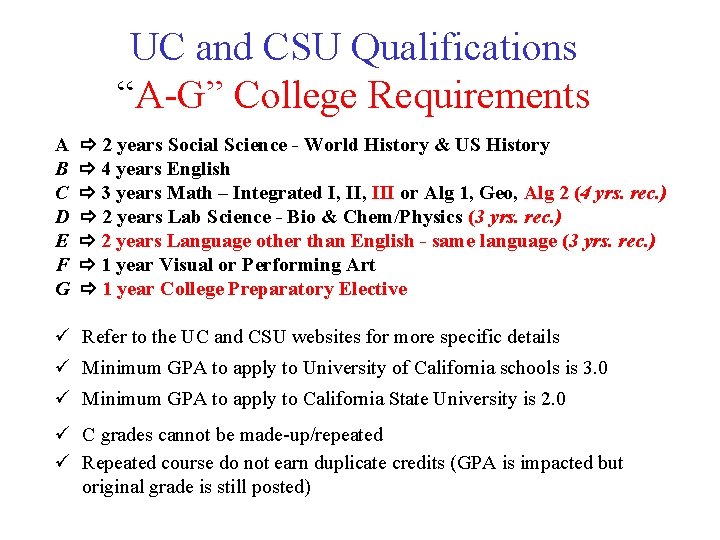 UC and CSU Qualifications “A-G” College Requirements A B C D E F G