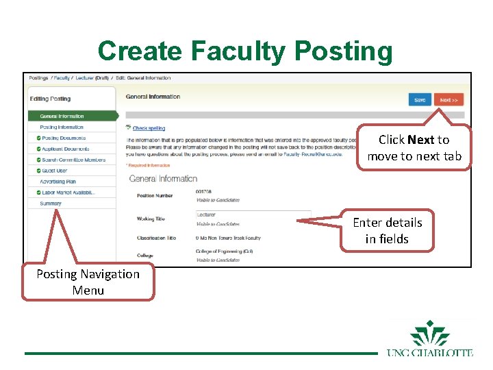 Create Faculty Posting Click Next to move to next tab Enter details in fields