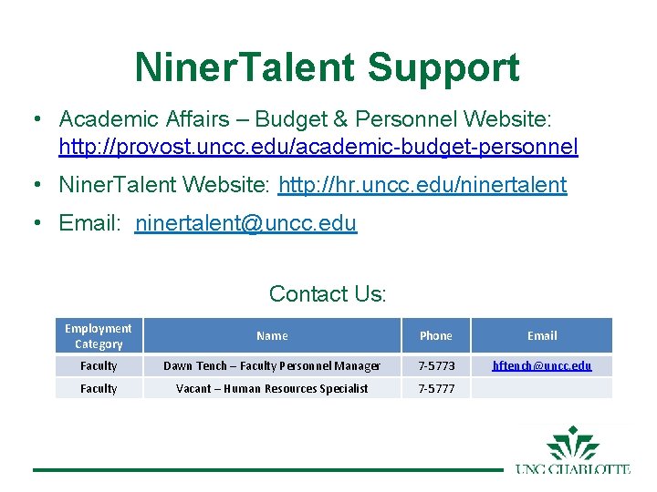 Niner. Talent Support • Academic Affairs – Budget & Personnel Website: http: //provost. uncc.