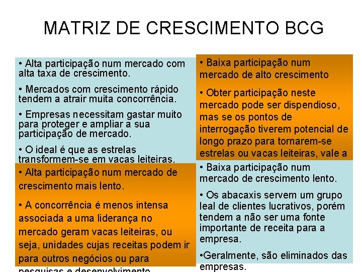 MATRIZ DE CRESCIMENTO BCG Participação Mercado • Baixa participação num • Alta participação num