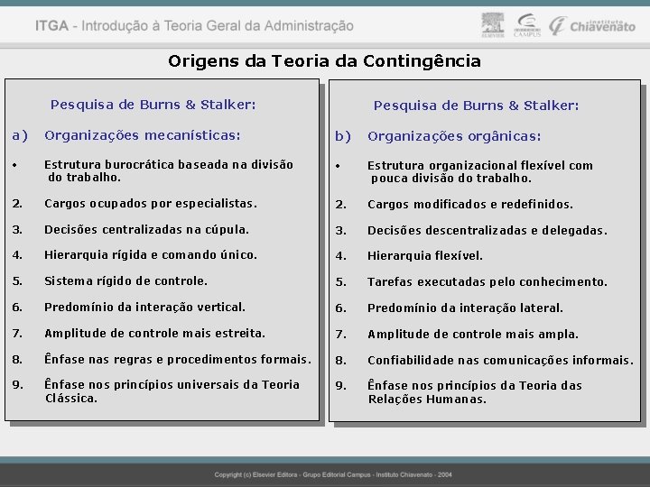 Origens da Teoria da Contingência Pesquisa de Burns & Stalker: a) Organizações mecanísticas: b)