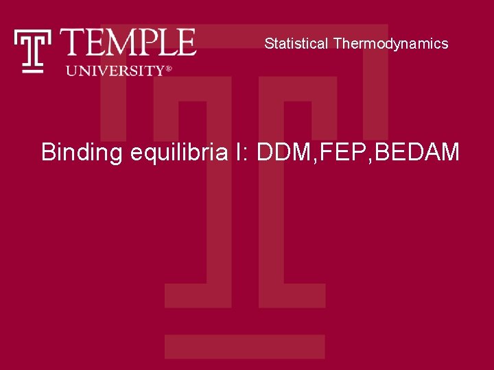 Statistical Thermodynamics Binding equilibria I: DDM, FEP, BEDAM 