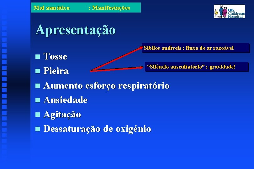 Mal asmático : Manifestações Apresentação Sibilos audíveis : fluxo de ar razoável Tosse “Silêncio