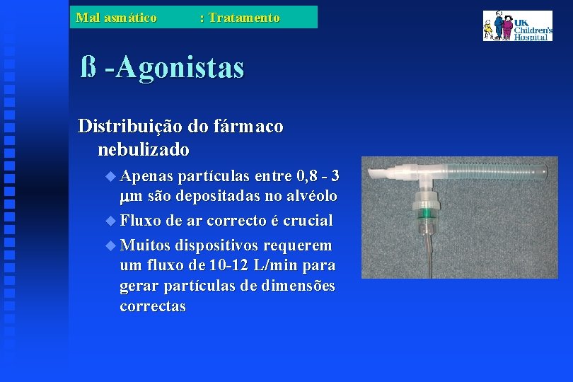 Mal asmático : Tratamento ß -Agonistas Distribuição do fármaco nebulizado Apenas partículas entre 0,