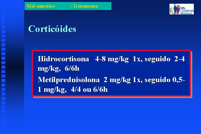 Mal asmático : Tratamento Corticóides Hidrocortisona 4 -8 mg/kg 1 x, seguido 2 -4