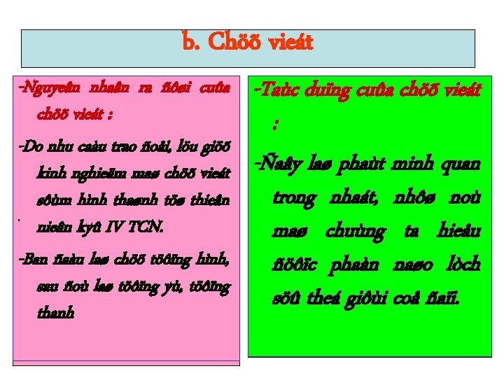 b. Chöõ vieát -Nguyeân nhaân ra ñôøi cuûa chöõ vieát : -Do nhu caàu