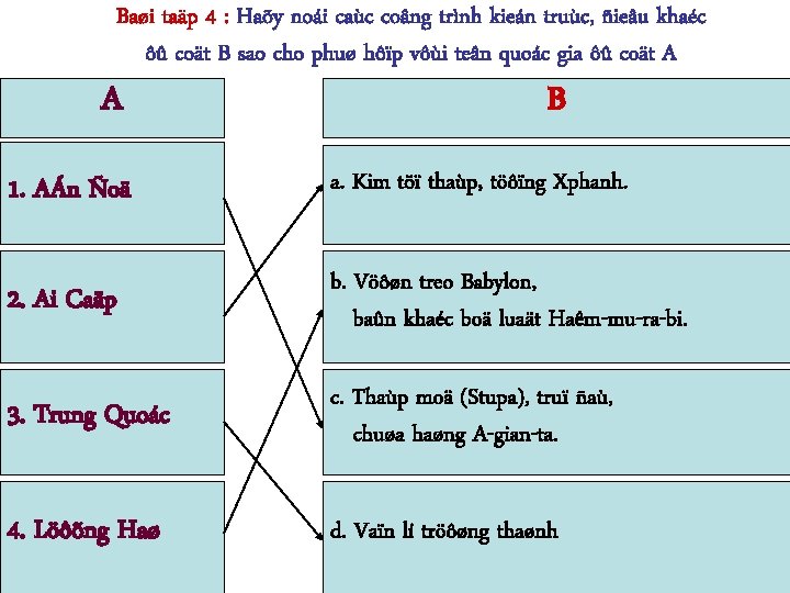 Baøi taäp 4 : Haõy noái caùc coâng trình kieán truùc, ñieâu khaéc ôû