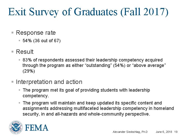 Exit Survey of Graduates (Fall 2017) § Response rate § 54% (36 out of