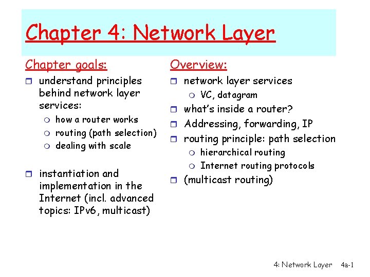 Chapter 4: Network Layer Chapter goals: Overview: r understand principles r network layer services