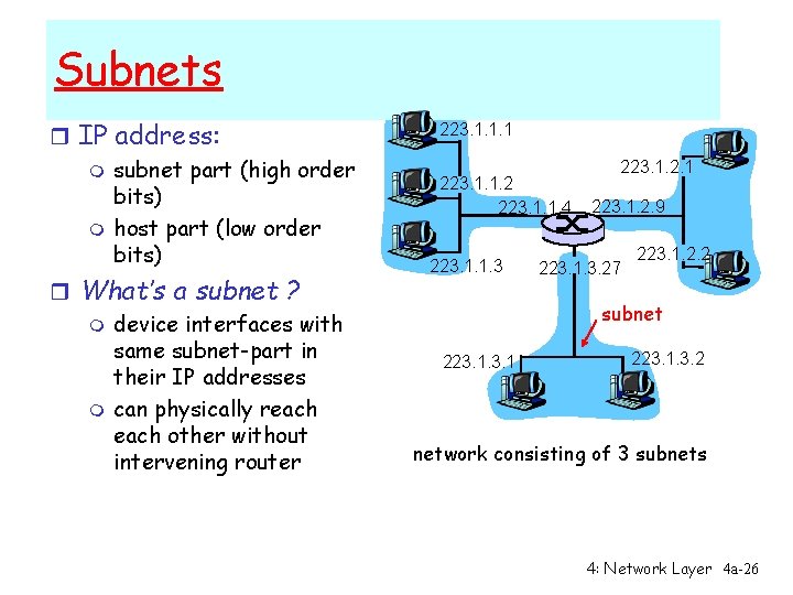 Subnets r IP address: m subnet part (high order bits) m host part (low