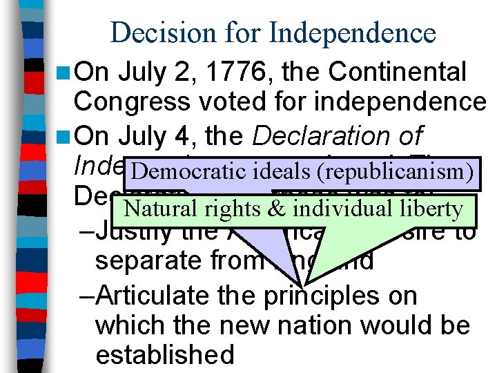 Decision for Independence n On July 2, 1776, the Continental Congress voted for independence