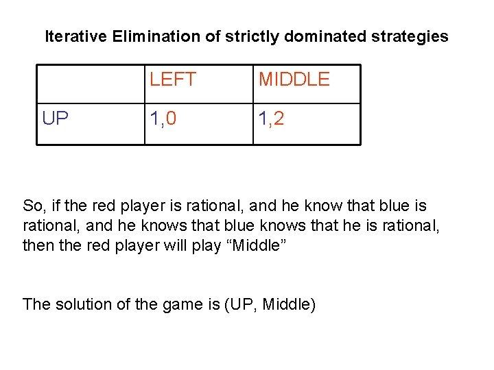 Iterative Elimination of strictly dominated strategies UP LEFT MIDDLE 1, 0 1, 2 So,