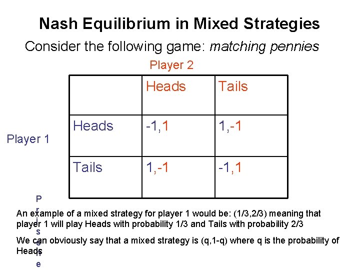 Nash Equilibrium in Mixed Strategies Consider the following game: matching pennies Player 2 Player