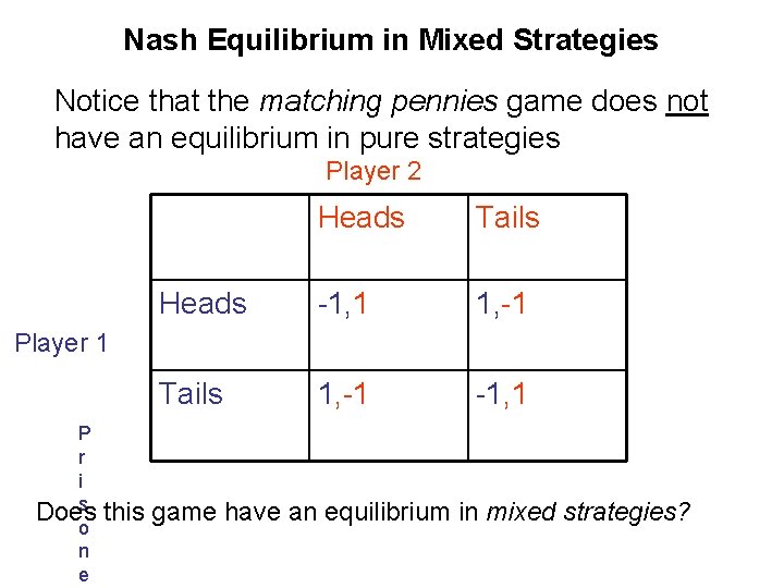 Nash Equilibrium in Mixed Strategies Notice that the matching pennies game does not have