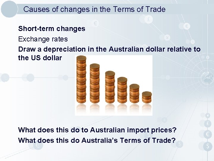 Causes of changes in the Terms of Trade Short-term changes Exchange rates Draw a Causes of changes in the Terms of Trade Short-term changes Exchange rates Draw a