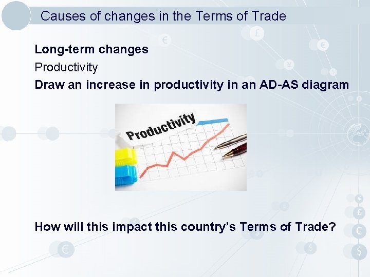 Causes of changes in the Terms of Trade Long-term changes Productivity Draw an increase Causes of changes in the Terms of Trade Long-term changes Productivity Draw an increase