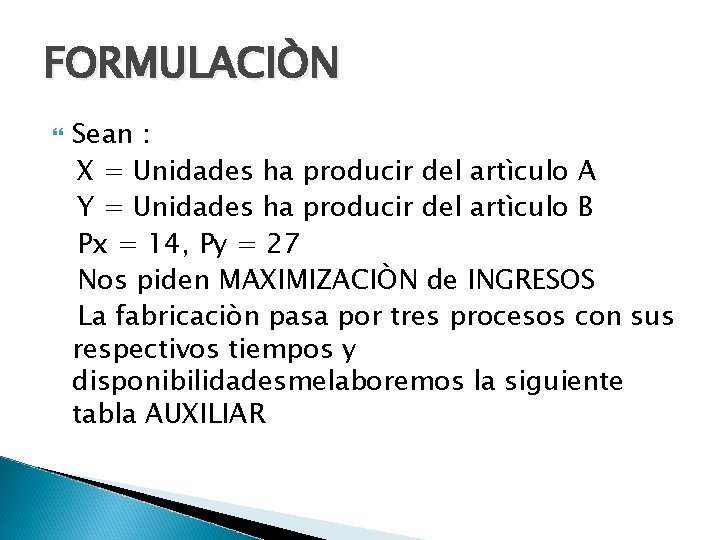 FORMULACIÒN Sean : X = Unidades ha producir del artìculo A Y = Unidades