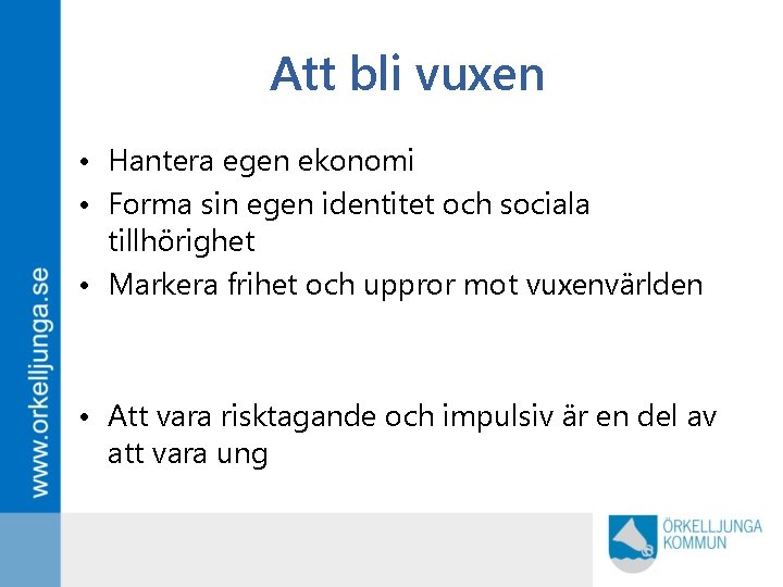 Att bli vuxen • Hantera egen ekonomi • Forma sin egen identitet och sociala