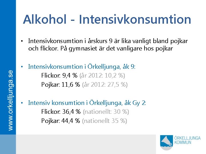 Alkohol - Intensivkonsumtion • Intensivkonsumtion i årskurs 9 är lika vanligt bland pojkar och