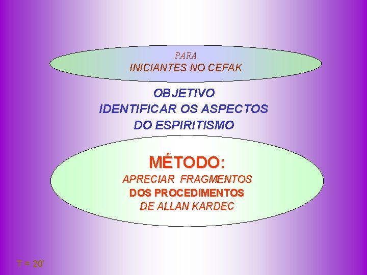 PARA INICIANTES NO CEFAK OBJETIVO IDENTIFICAR OS ASPECTOS DO ESPIRITISMO MÉTODO: APRECIAR FRAGMENTOS DOS