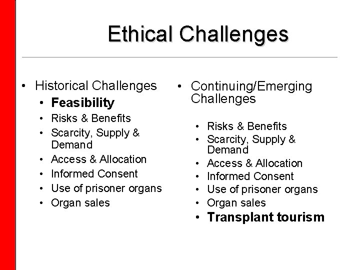 Ethical Challenges • Historical Challenges • Feasibility • Risks & Benefits • Scarcity, Supply
