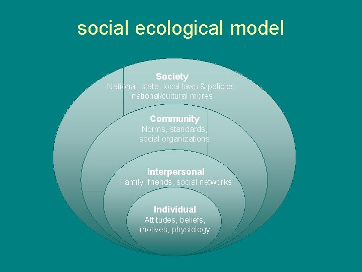 social ecological model Society National, state, local laws & policies, national/cultural mores Community Norms,