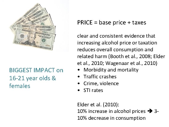 PRICE = base price + taxes BIGGEST IMPACT on 16 -21 year olds &
