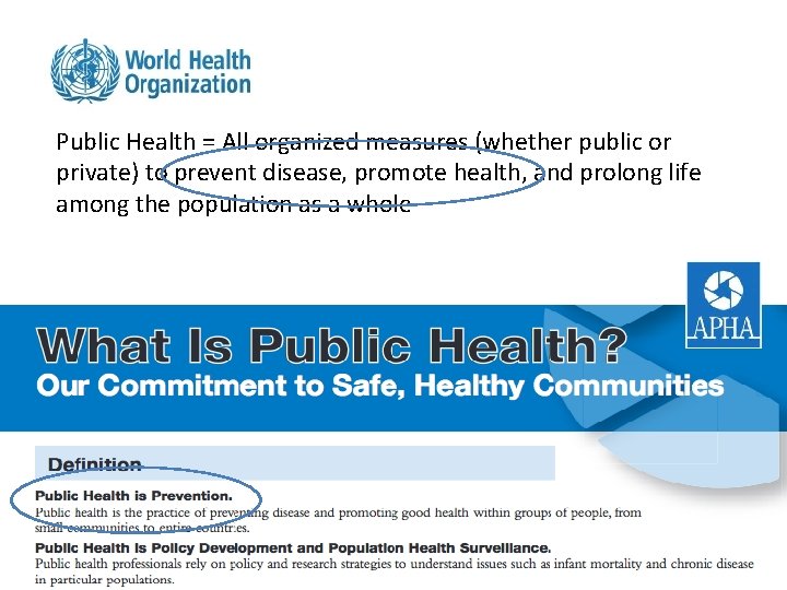 Public Health = All organized measures (whether public or private) to prevent disease, promote