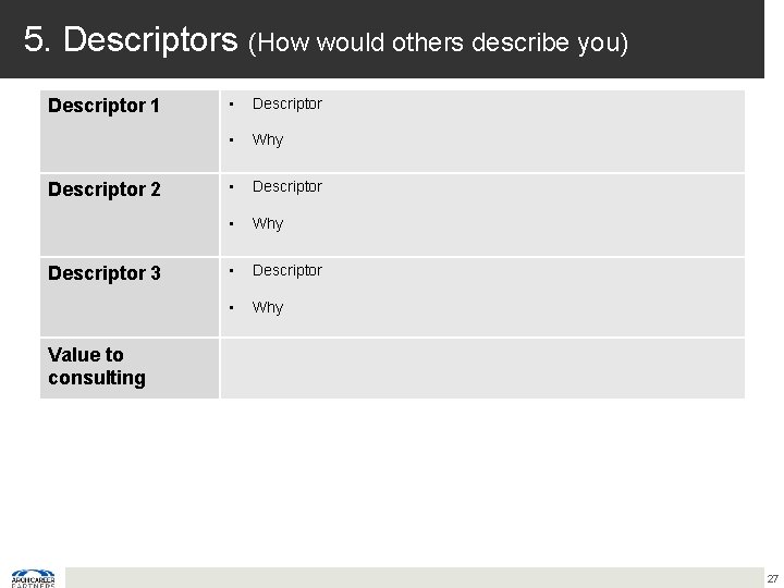 5. Descriptors (How would others describe you) Descriptor 1 Descriptor 2 Descriptor 3 •