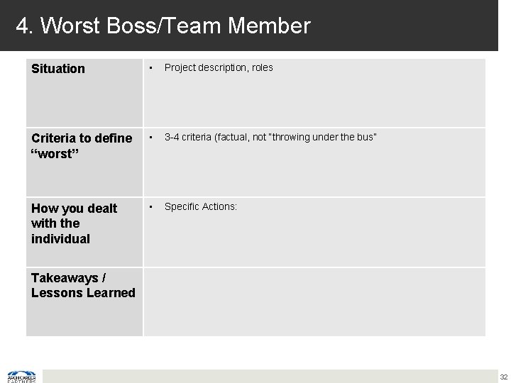 4. Worst Boss/Team Member Situation • Project description, roles Criteria to define “worst” •