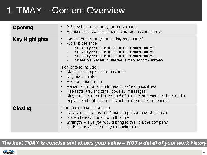 1. TMAY – Content Overview Opening • • 2 -3 key themes about your