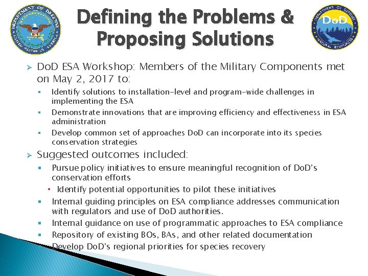 Defining the Problems & Proposing Solutions Ø Do. D ESA Workshop: Members of the