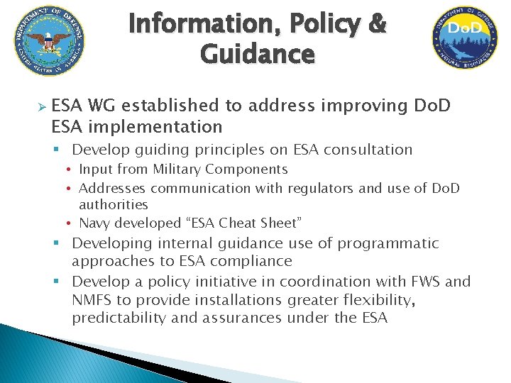 Information, Policy & Guidance Ø ESA WG established to address improving Do. D ESA