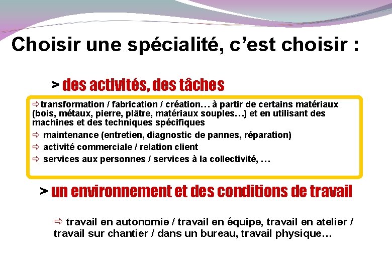 Choisir une spécialité, c’est choisir : > des activités, des tâches transformation / fabrication