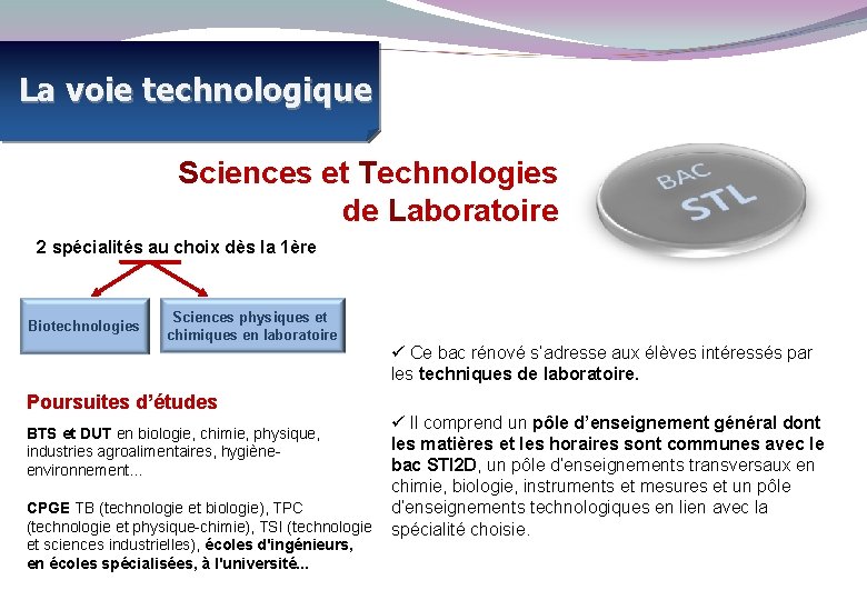 La voie technologique Sciences et Technologies de Laboratoire 2 spécialités au choix dès la