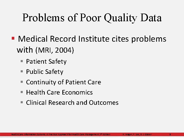 Problems of Poor Quality Data § Medical Record Institute cites problems with (MRI, 2004)