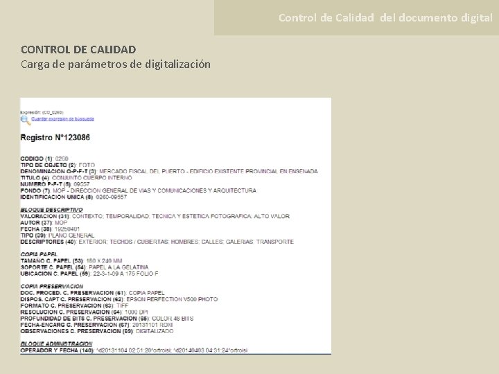 Control de Calidad del documento digital CONTROL DE CALIDAD Carga de parámetros de digitalización