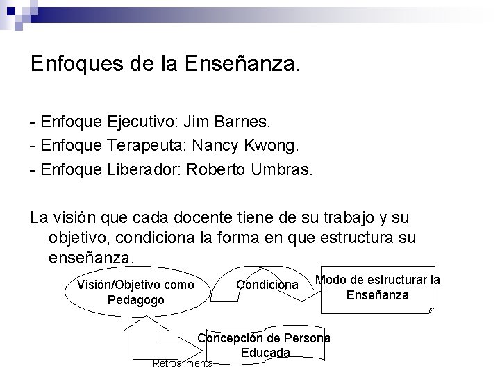 Enfoques de la Enseñanza. - Enfoque Ejecutivo: Jim Barnes. - Enfoque Terapeuta: Nancy Kwong.