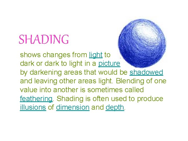 SHADING shows changes from light to dark or dark to light in a picture