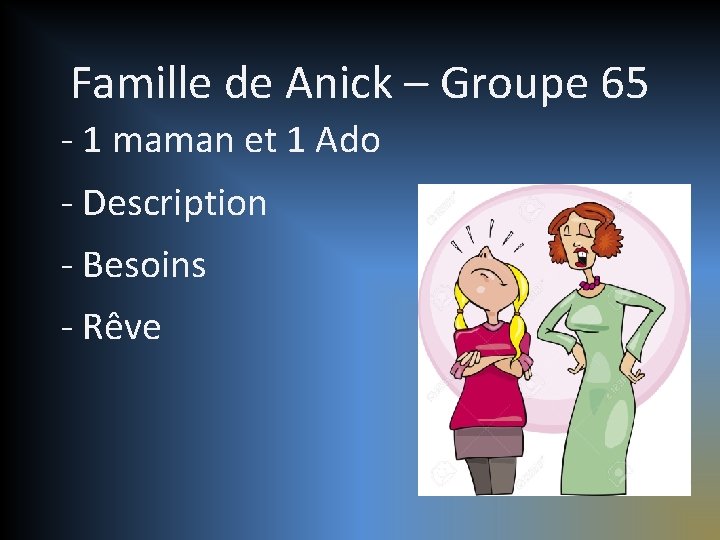 Famille de Anick – Groupe 65 - 1 maman et 1 Ado - Description