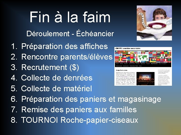 Fin à la faim Déroulement - Échéancier 1. 2. 3. 4. 5. 6. 7.