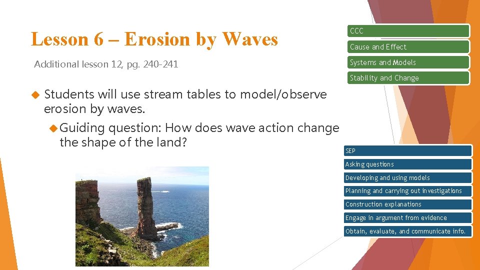 Lesson 6 – Erosion by Waves Additional lesson 12, pg. 240 -241 CCC Cause