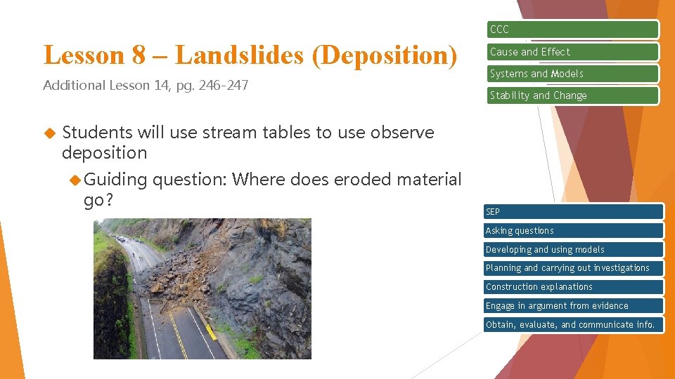 CCC Lesson 8 – Landslides (Deposition) Additional Lesson 14, pg. 246 -247 Cause and